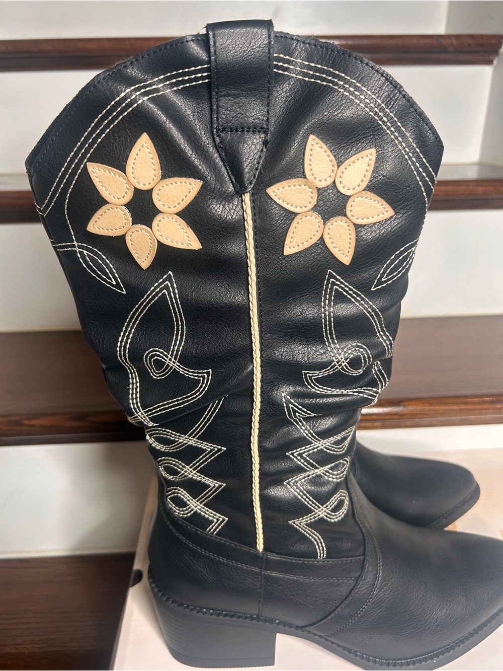 Black Western Knee-High Boots with Cream Floral Appliqué - Picture 12 of 15